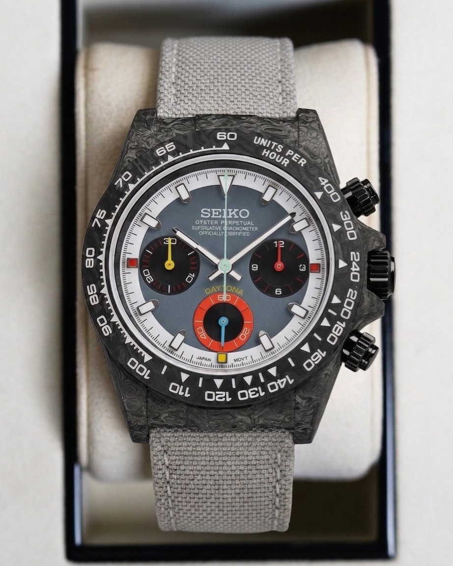 Seiko Daytona Carbon Grey - Compteurs Racing — Tissu gris clair