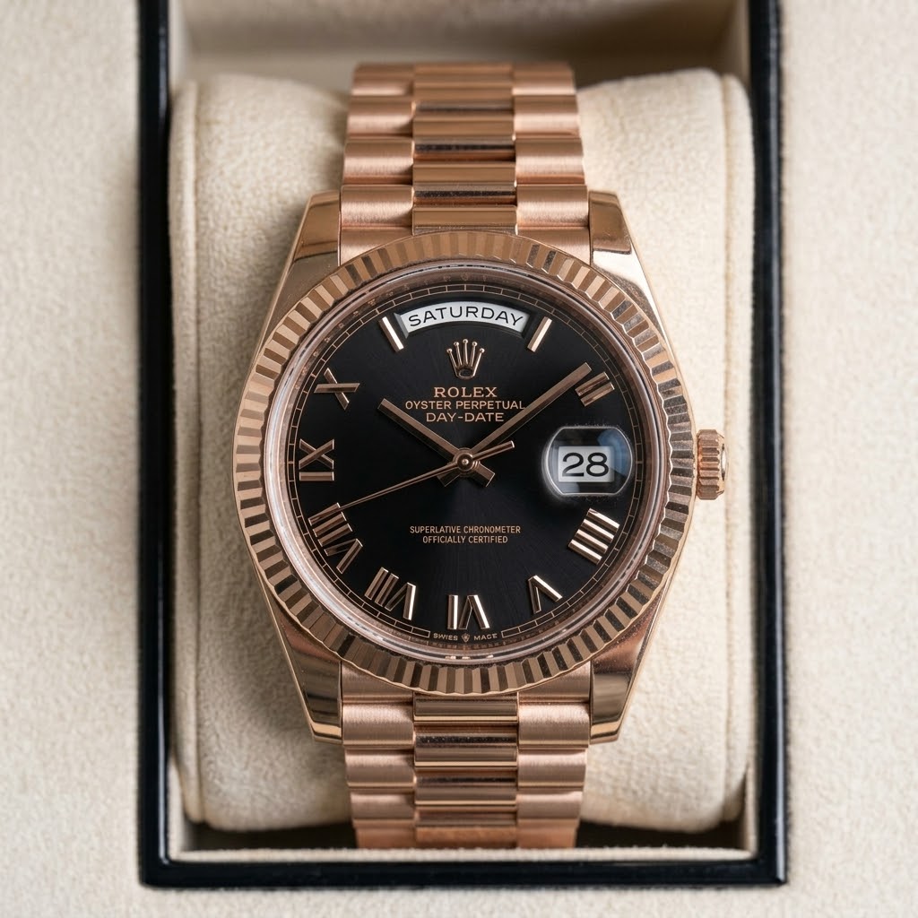 Rolex Day-Date Or Rose - Cadran Noir Romain — Bracelet President or rose