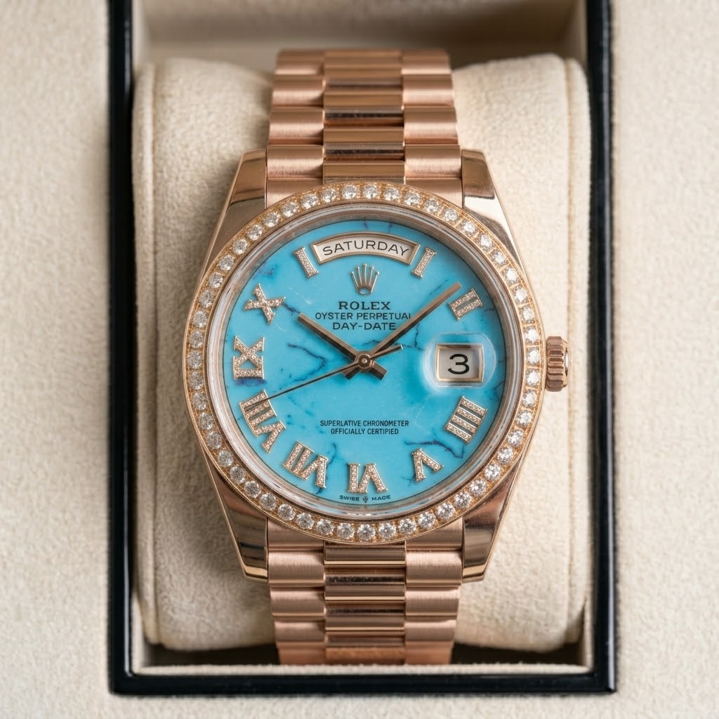 Rolex Day-Date Turquoise Serti - Or Rose — Bracelet President or rose
