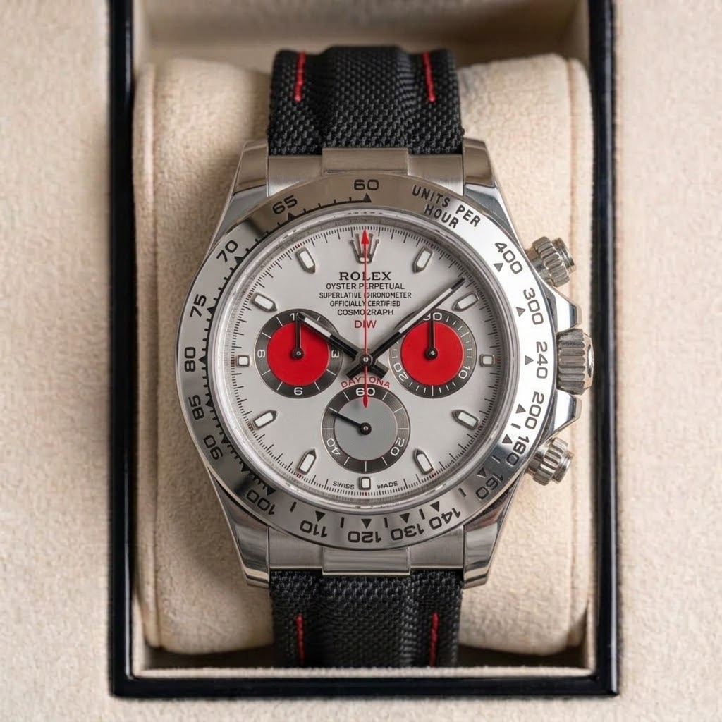 Rolex Daytona Acier - Compteurs Rouges — Tissu noir