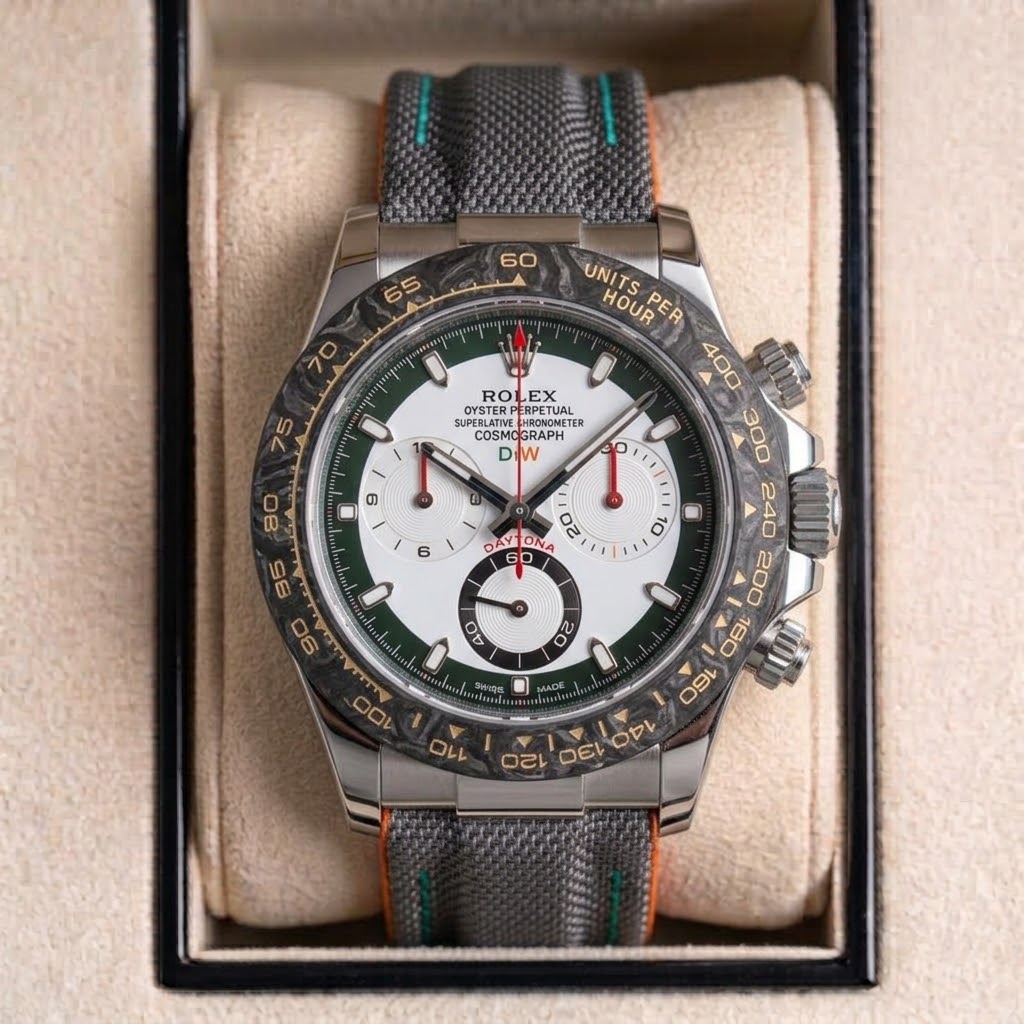 Rolex Daytona Carbone Gris - Cadran Blanc Racing — Tissu gris