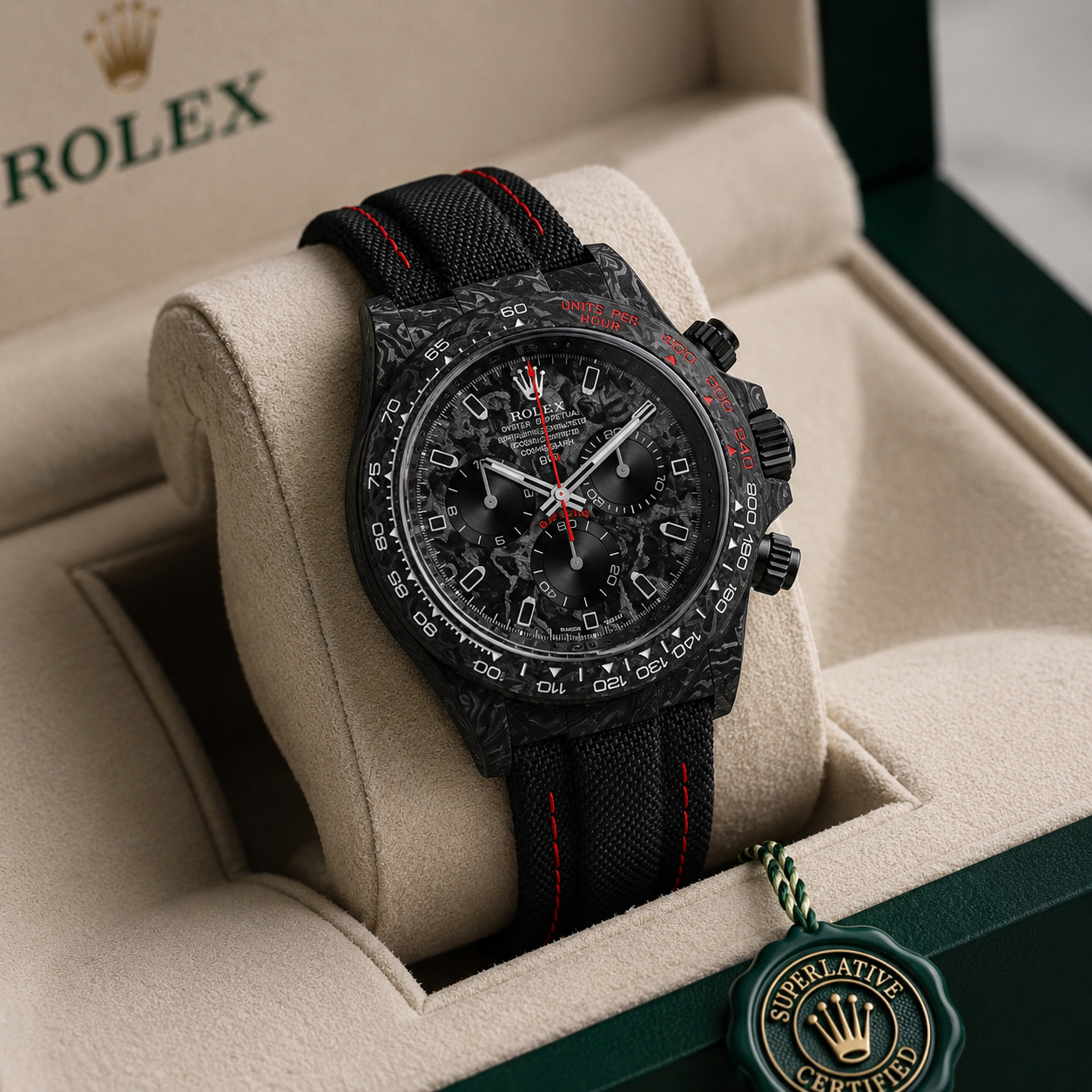Carbon Chrono Black Edition — Caoutchouc noir surpiqué rouge